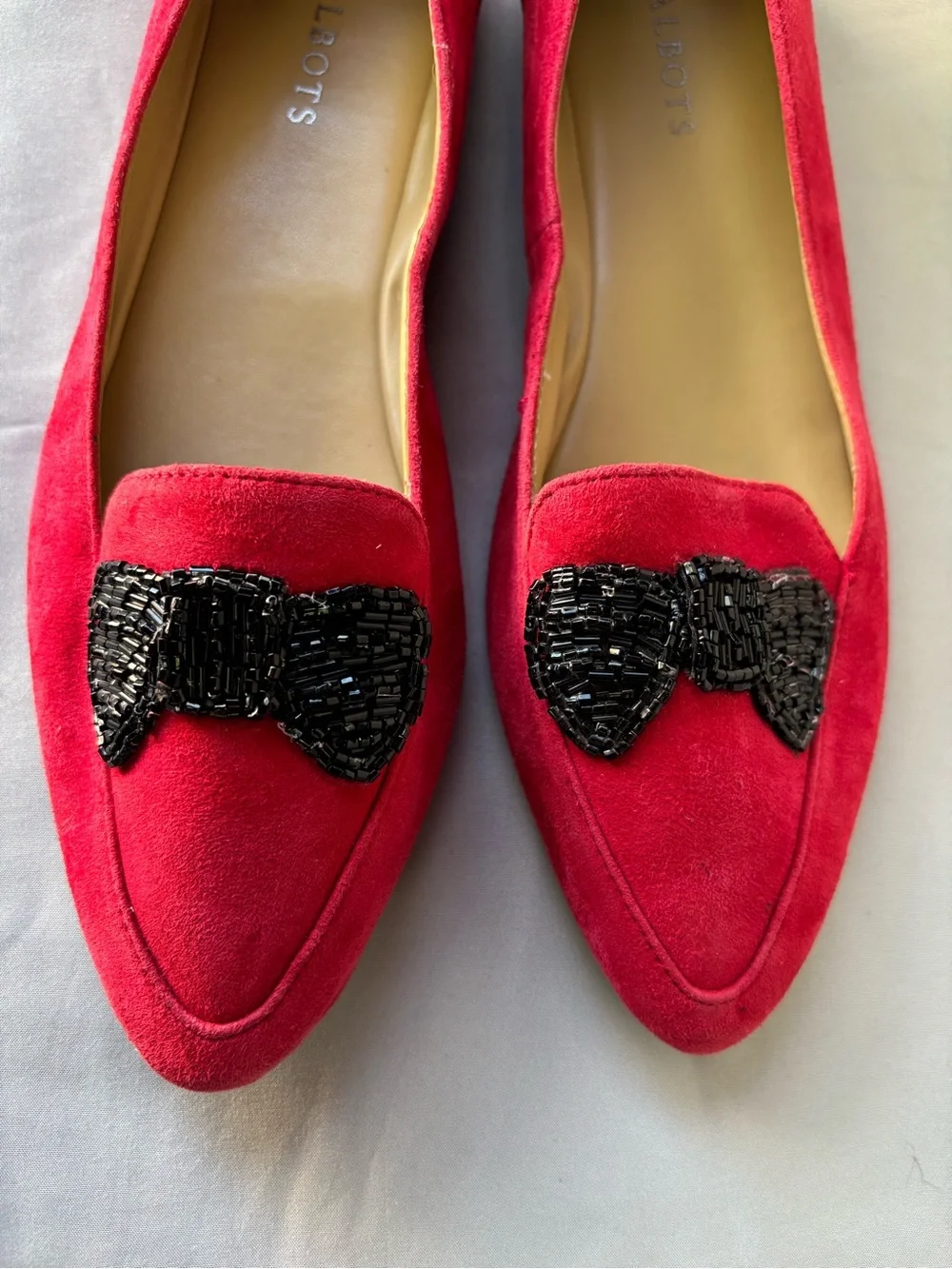 Talbots Bright Red Suede Pointed Loafers with Black Beaded Bow Size 10.5